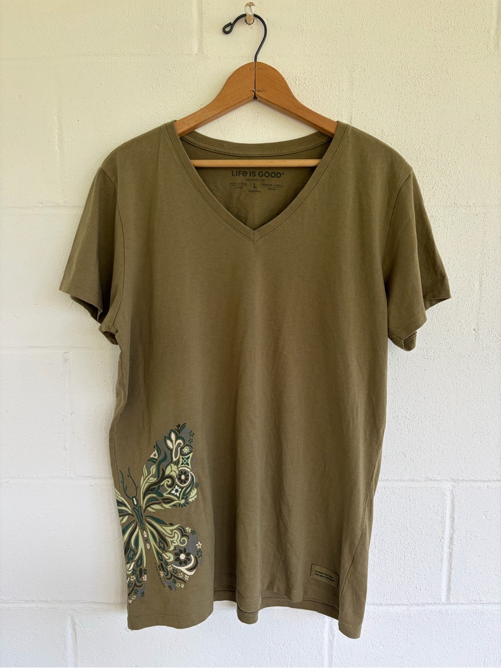 Life Is Good Olive V-Neck Tee with Green Butterfly Print